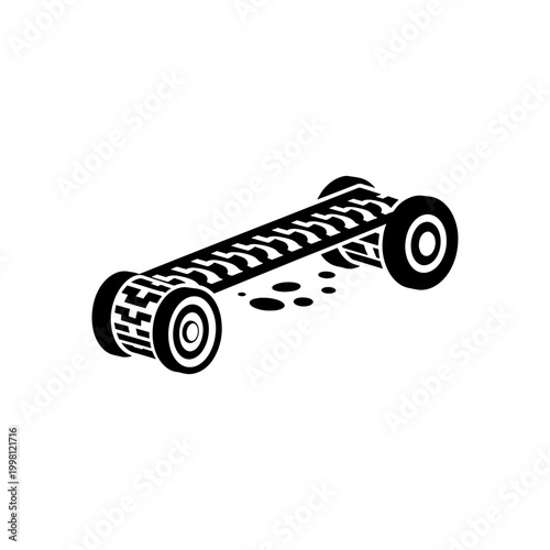 A striking black and white illustration depicts a vintage soapbox racer vehicle a bold silhouette