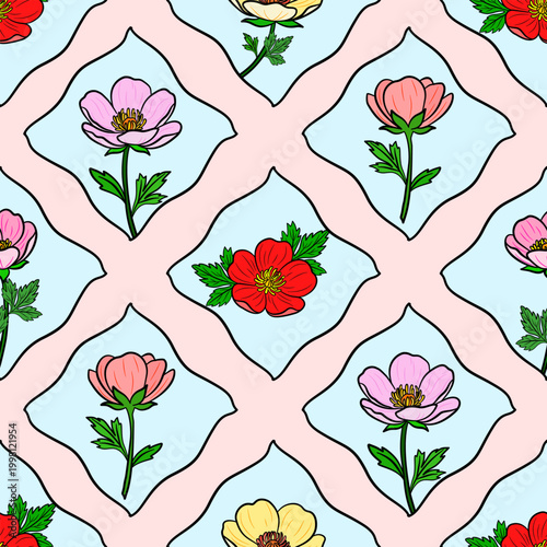 Seamless pattern with hand-drawn colorful flowers in a geometric diamond grid, vector illustration