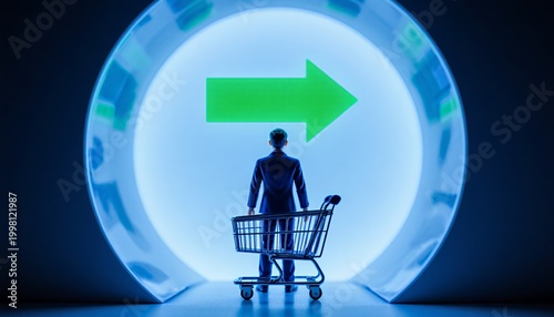 Futuristic Shopping Concept with Person and Shopping Cart in Circle