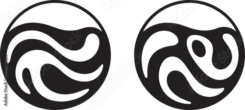 Abstract monochrome yin yang inspired swirling wave design graphic isolated