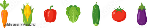 vegetable icons set with carrot corn pepper cabbage cucumber tomato and eggplant fresh organic food collection flat vector isolated on transparent background