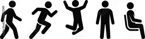people icon set with walking running jumping standing and wheelchair figures simple black silhouette pictogram collection isolated on transparent background