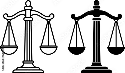 justice scale icon with balanced weights law and legal symbol in outline and solid styles simple vector isolated on transparent background