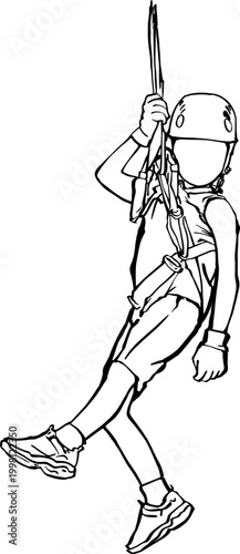 Young Child Enjoying Zip Line Adventure Vector Outline Drawing