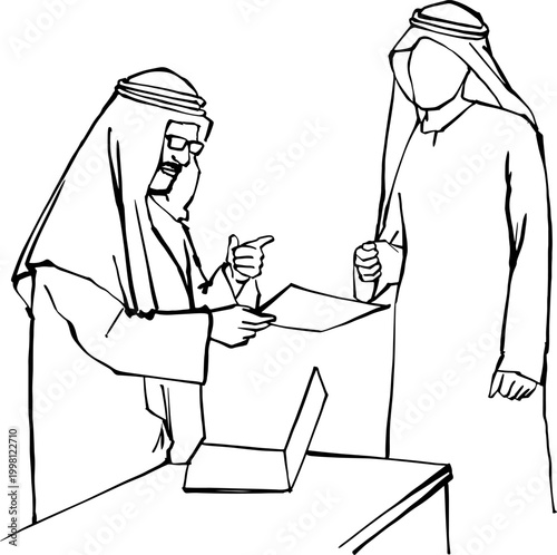 Two Arab Businessmen Talking Near Laptop Line Art