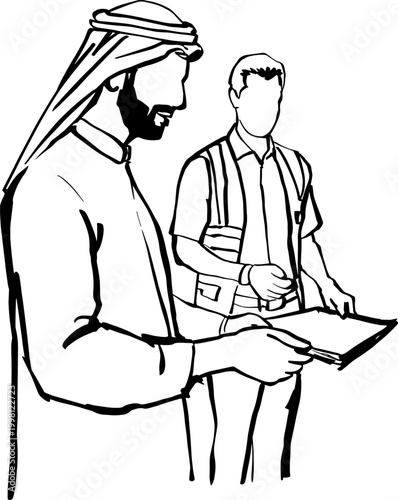 Arab Businessman Discussing Project with Engineer Line Art