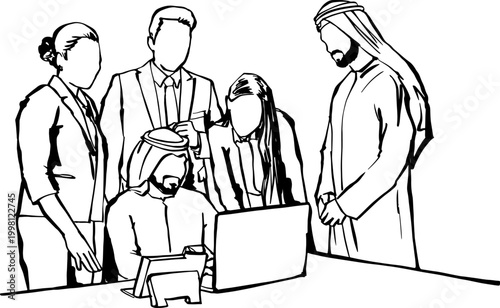 Multiethnic business team gathered around a laptop for a presentation in a modern office.