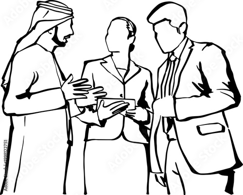 Diverse business people in formal wear and traditional Arab clothing discussing work projects.