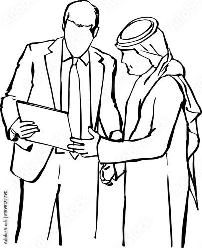 Western businessman and Arab colleague discussing a digital tablet in a professional setting.