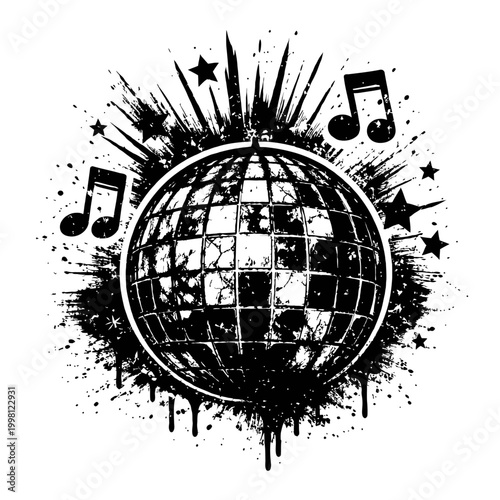 Black and white disco ball with music notes and stars on a grunge background for party and music concepts
