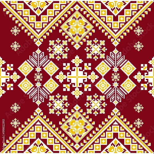 Traditional geometric ethnic seamless pattern, Hmong tribal embroidered style for textile and fashion design, red and yellow pixel art ornament.