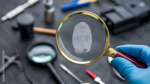 Magnifying glass examining fingerprint on medical surgical tools background