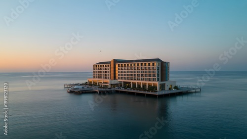 Modern luxury hotel on waterfront pier at golden sunset with misty atmosphere