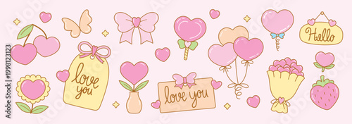 cute girly kawaii or lovely coquette style hand drawn graphic element vector set in love concept for decorating your artwork