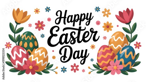 Colorful Happy Easter Day Greeting Card with Decorated Eggs and Floral Border