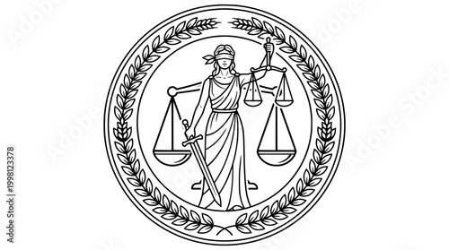 Lady Justice Outline Badge Logo with Circle Frame Vector