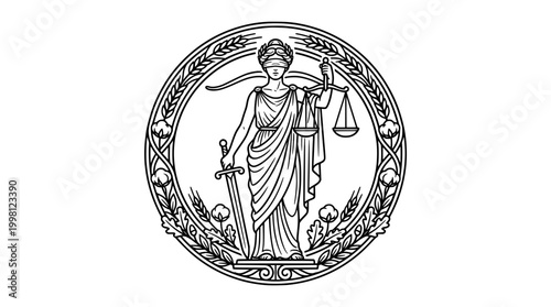 Lady Justice Monoline Circle Logo Wheat Frame Black White Vector