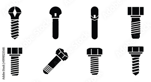 Black screw and bolt silhouettes set of various fastener shapes