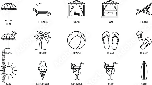 Summer vacation and beach leisure icons in outline style beach umbrella lounge chair