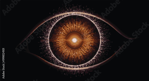 A futuristic eye with a glowing orange iris and circuitlike patterns