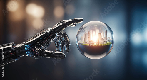 A robotic hand reaching out to touch a crystal ball with a cityscape inside, representing technology and innovation in urban planning and development