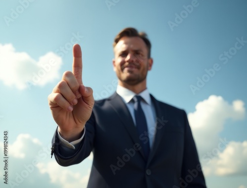 A professional man in a suit points at the camera, conveying authority and attention