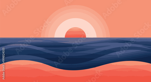Vibrant sunset over ocean waves with pink and blue hues in a modern minimalist style