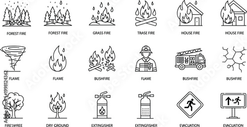 Fire and emergency response icons with descriptive labels Keywords: forest fire, grass fire, trash fire, house fire, flame, bushfire
