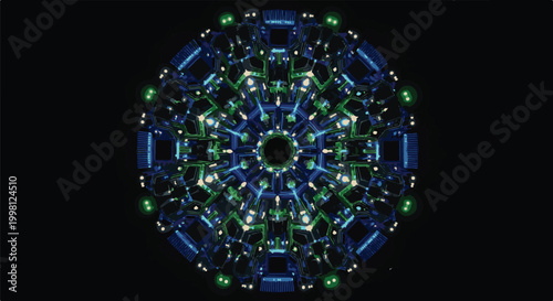 A mesmerizing circular pattern of blue and green circuit board components on a with intricate details and glowing lights
