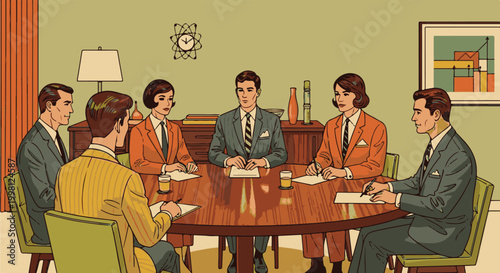 Vintage style illustration of a group of businesspeople sitting around a wooden conference table in a green office