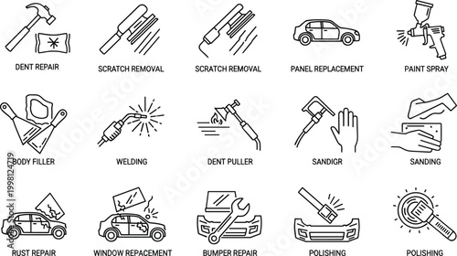 Automotive repair and car maintenance service icons in outline style car repair auto service