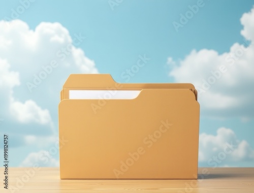 A yellow folder sitting on a wooden table with fluffy clouds in the background
