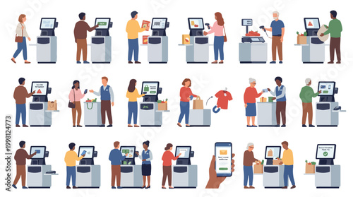 Flat vector illustration of diverse people using self-checkout kiosks in a supermarket, including scanning groceries, weighing fruit, paying with mobile app, and receiving staff assistance.
