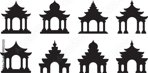 Collection of traditional asian pagoda and temple silhouettes isolated design elements