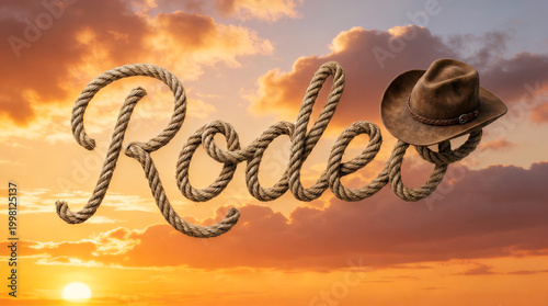  Rodeo lettering, made of rope, with realistic 3d effect, vector illustration, colorful orange sunset sky background, western style typography, cowboy theme.