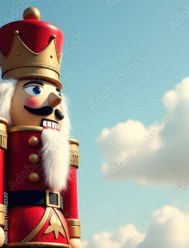 A decorative nutcracker with a regal crown on its head, suitable for festive or holiday-themed images