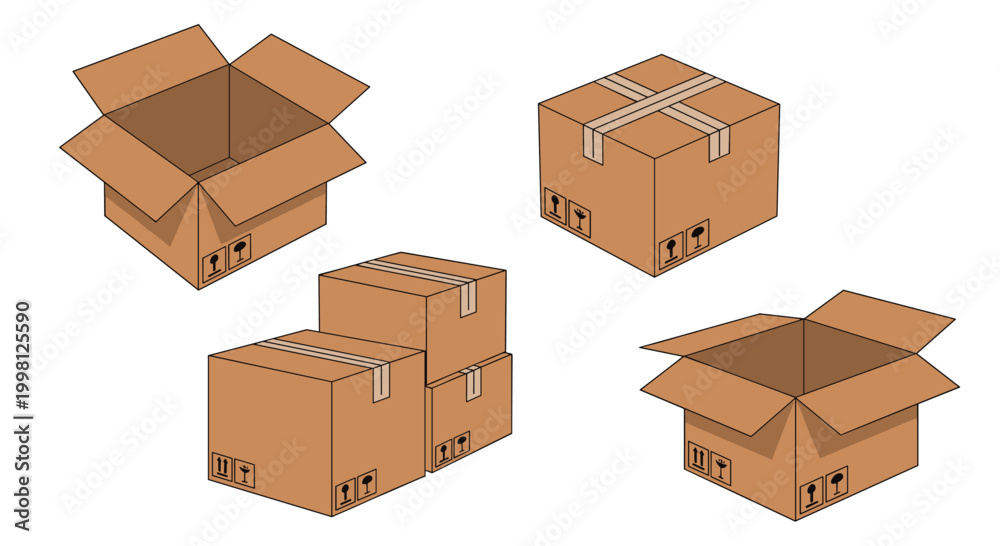 Fototapeta premium Different views of cardboard boxes including open, closed, and stacked configurations with safety shipping icons.