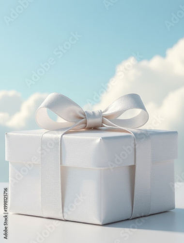 A small white gift box wrapped with a white ribbon, perfect for birthdays, holidays or special occasions