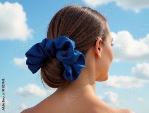 A woman wearing a blue scarf in her hair, possibly for a cultural or religious occasion