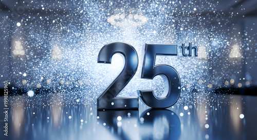 3d render of the number 25th with a metallic blue finish set against a sparkling, bokehfilled, festive background