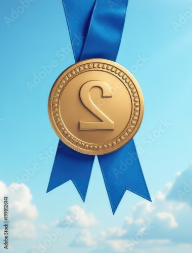 A golden medal surrounded by a blue ribbon, perfect for depicting achievement and recognition