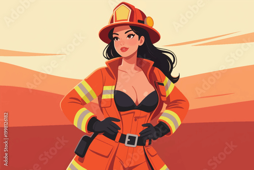 Beautiful Firefighter Woman Vector Illustration Creative Design Template 