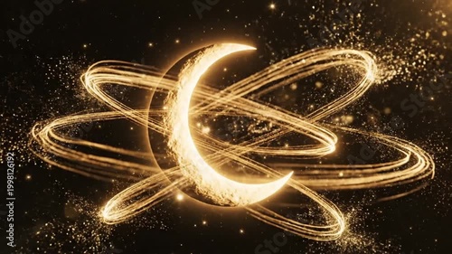 A stunning video showcases a bright glowing crescent moon surrounded by swirling golden light trails in space