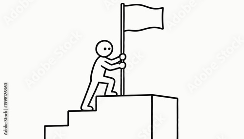 Stick figure person climbing steps towards a flag, symbolizing the journey of achievement, goal attainment, and overcoming challenges to reach success