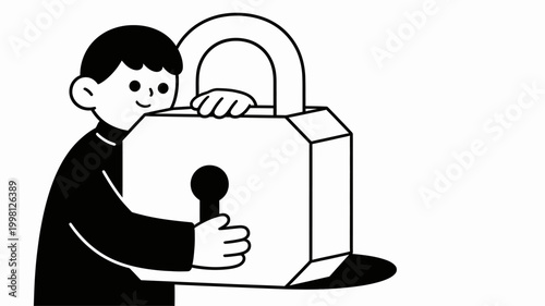 A person securely holds a large padlock, symbolizing protection and digital security with a minimalist illustration