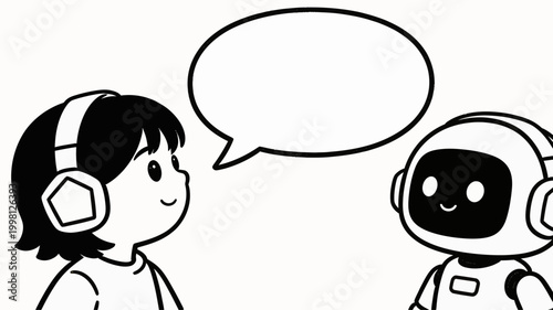 Cheerful young child engages in playful communication with a friendly artificial intelligence robot, symbolizing interactive learning and a bright technological future