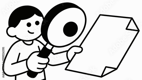 A close-up view of a person examining a document with a magnifying glass, symbolizing scrutiny and detailed inspection