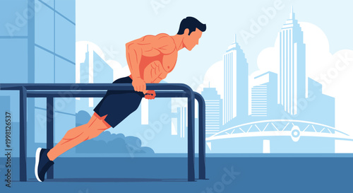 Muscular man performs dips on outdoor parallel bars with a modern city skyline and bridge in the background on a sunny day.
