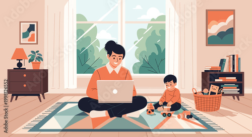 Mother works efficiently on her laptop while sitting on the floor as her young son plays happily with wooden toys in a cozy room.