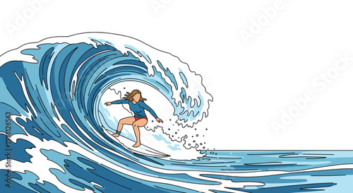 Skilled woman surfer rides inside the barrel of a massive blue ocean wave, showcasing grace and power in a dramatic sea setting.